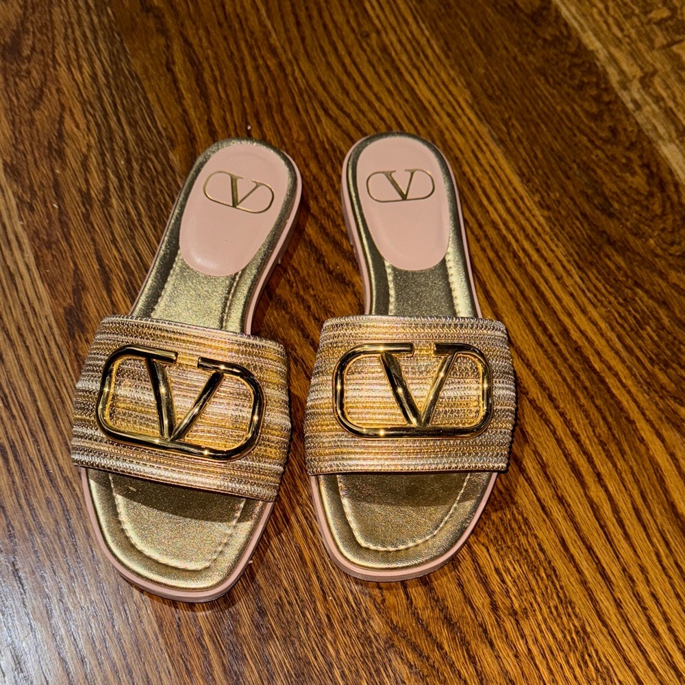 Valentino Gold and Tan Slide Sandals